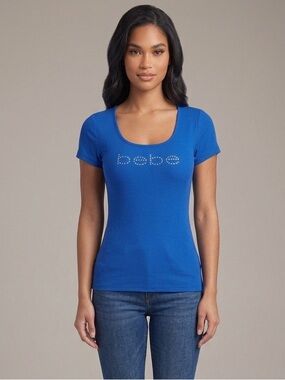 New BEBE blue T shirt Top Rhinestone Logo Scoop Neck size L